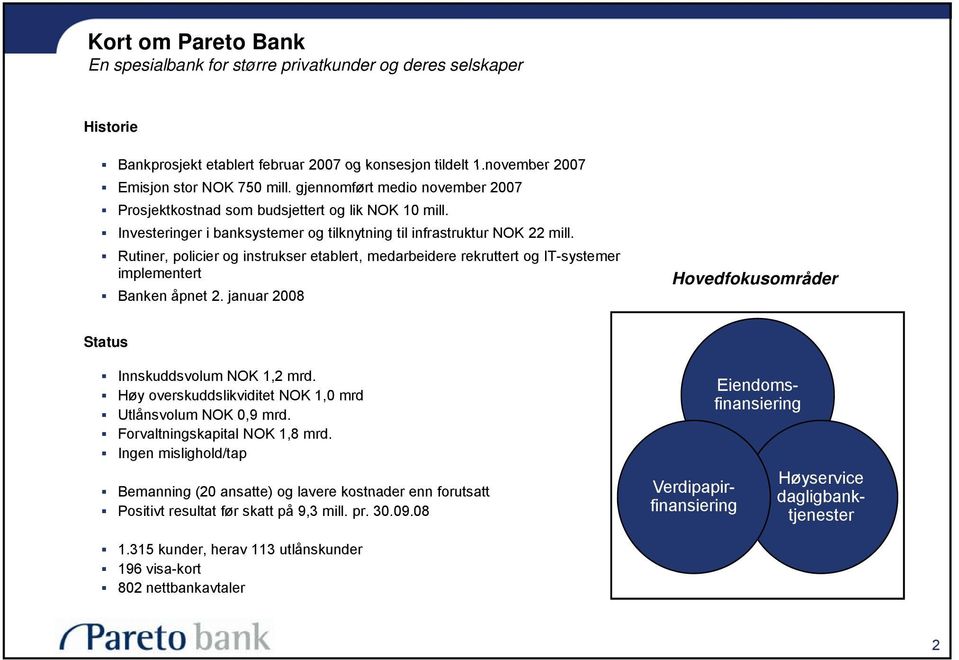 Rutiner, policier og instrukser etablert, medarbeidere rekruttert og IT-systemer implementert Banken åpnet 2. januar 2008 Hovedfokusområder Status Innskuddsvolum NOK 1,2 mrd.