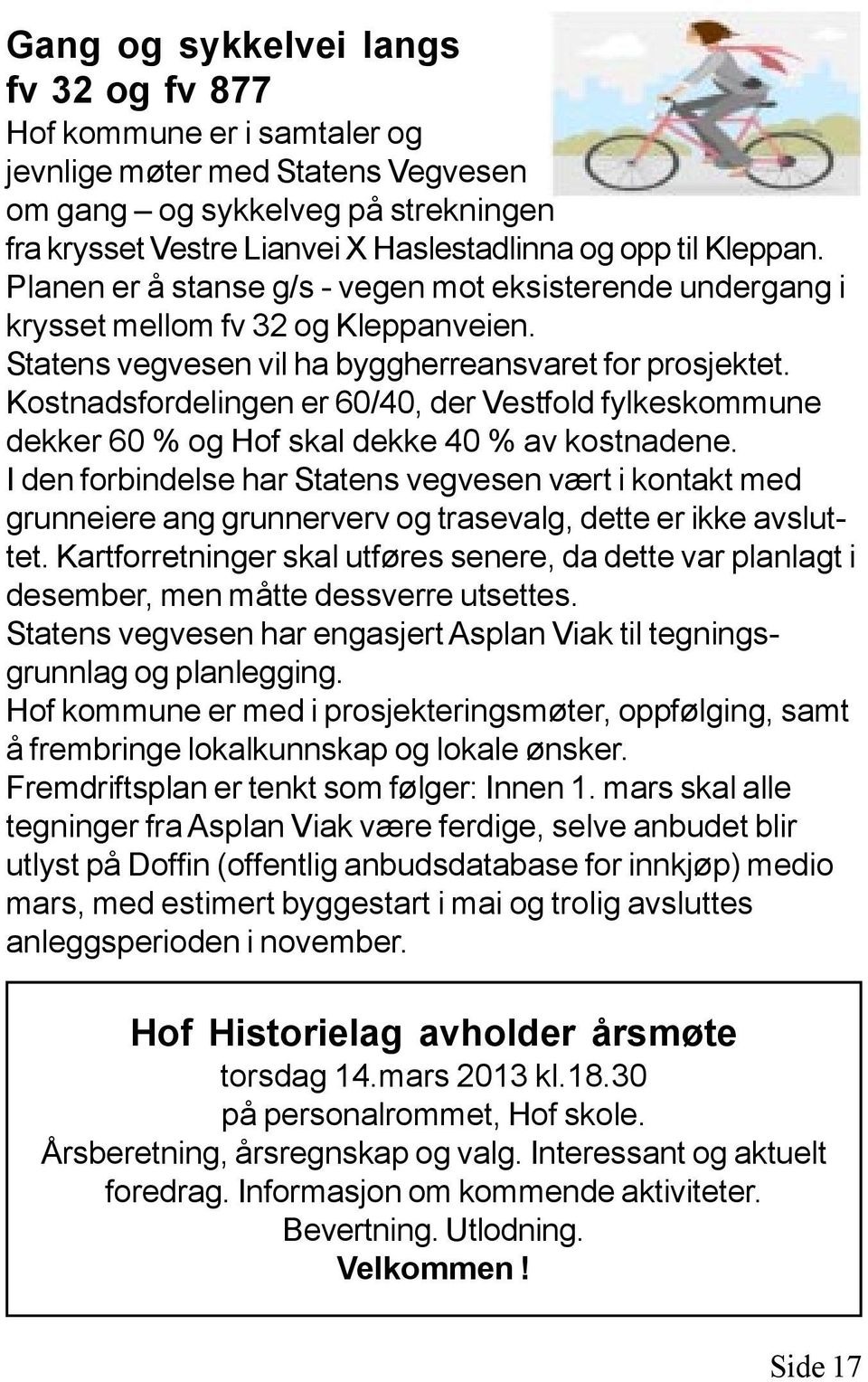 Kostnadsfordelingen er 60/40, der Vestfold fylkeskommune dekker 60 % og Hof skal dekke 40 % av kostnadene.