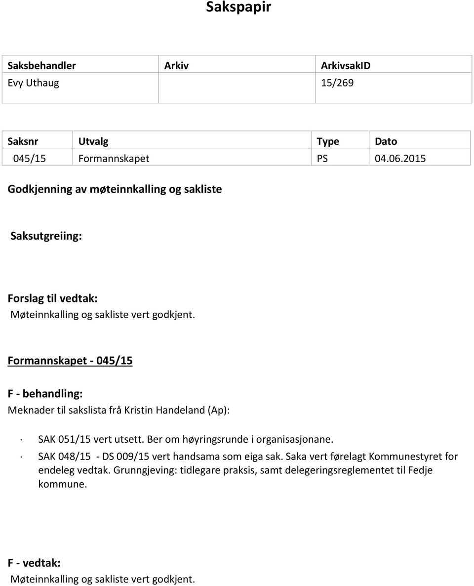 Formannskapet - 045/15 F - behandling: Meknader til sakslista frå Kristin Handeland (Ap): SAK 051/15 vert utsett. Ber om høyringsrunde i organisasjonane.