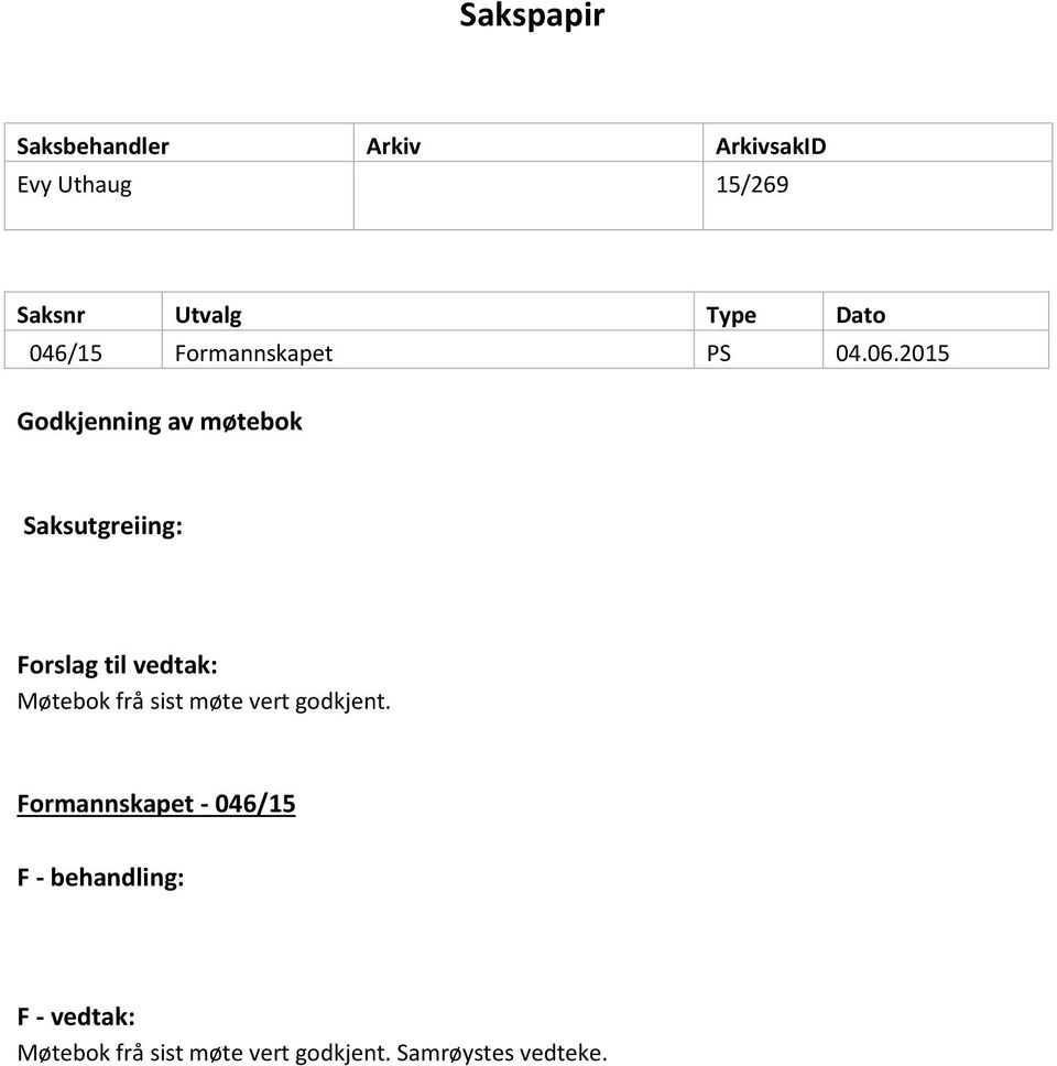 2015 Godkjenning av møtebok Saksutgreiing: Forslag til vedtak: Møtebok frå sist