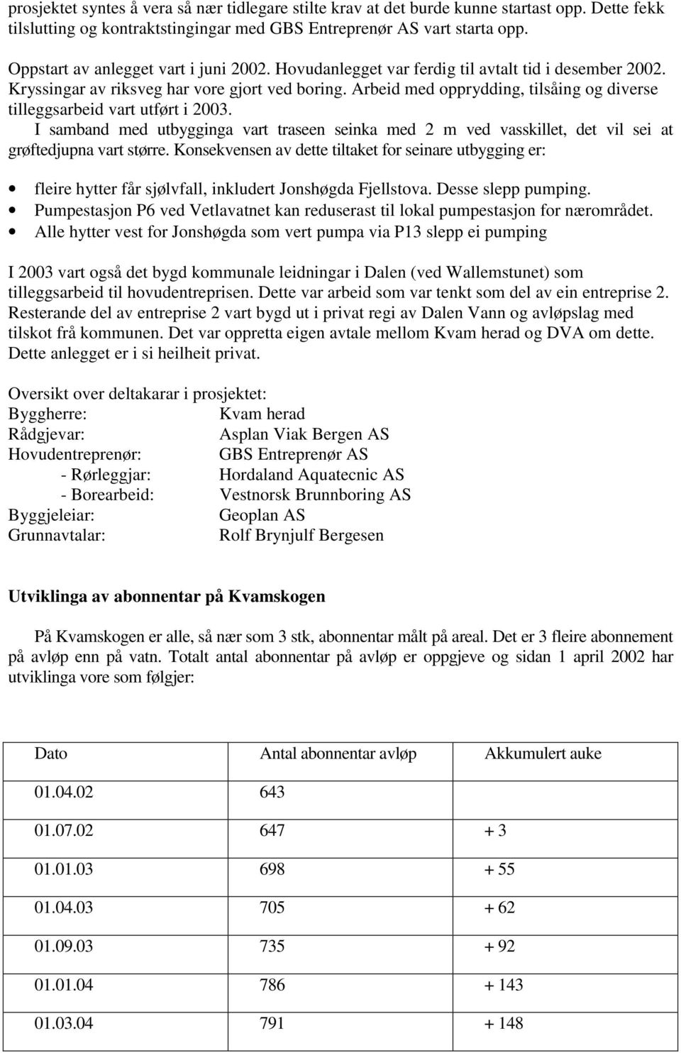 Arbeid med opprydding, tilsåing og diverse tilleggsarbeid vart utført i 2003. I samband med utbygginga vart traseen seinka med 2 m ved vasskillet, det vil sei at grøftedjupna vart større.