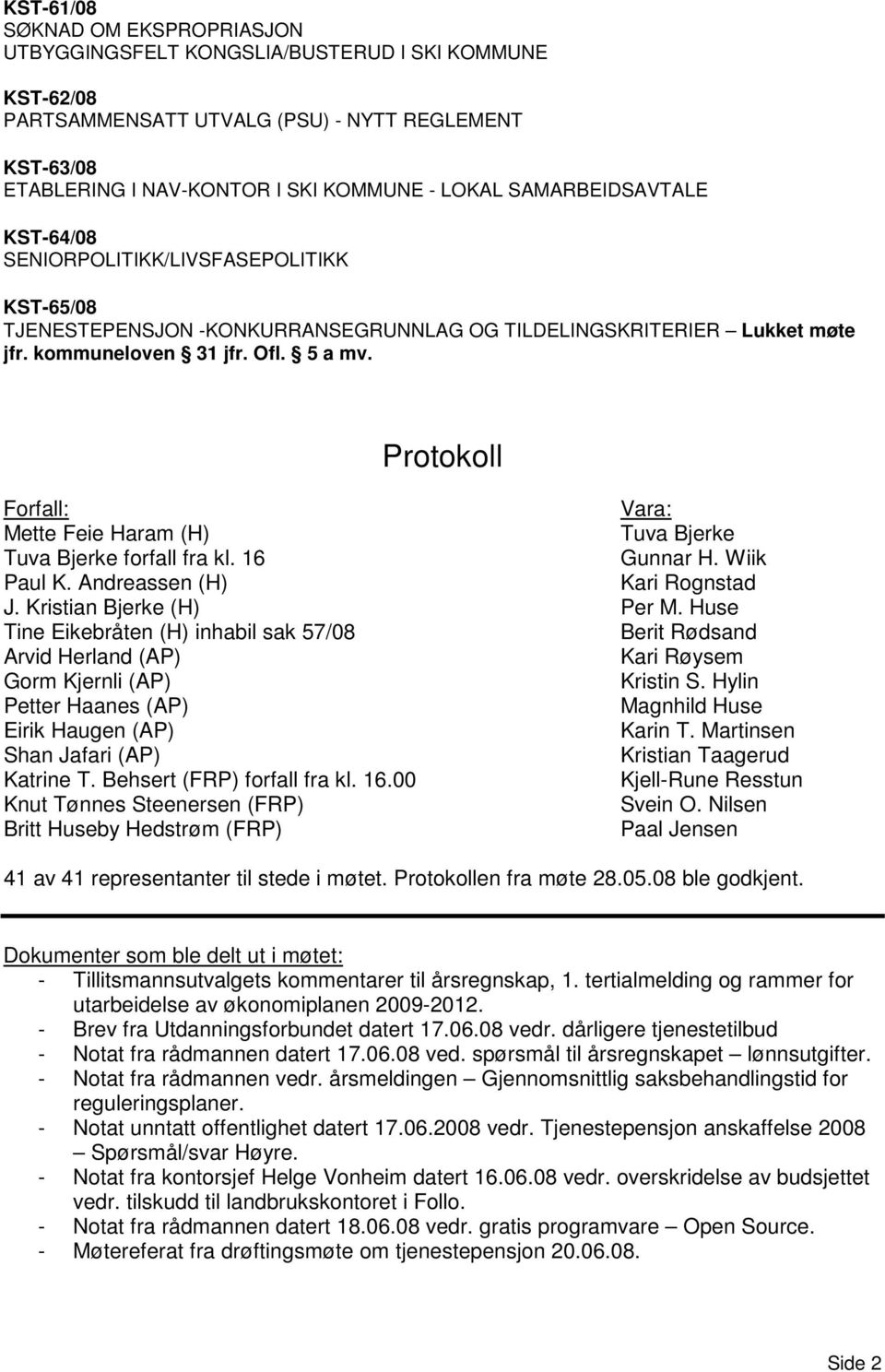 Protokoll Forfall: Vara: Mette Feie Haram (H) Tuva Bjerke Tuva Bjerke forfall fra kl. 16 Gunnar H. Wiik Paul K. Andreassen (H) Kari Rognstad J. Kristian Bjerke (H) Per M.