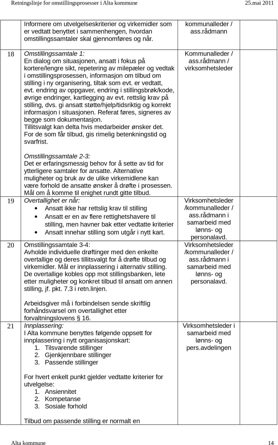 organisering, tiltak som evt. er vedtatt, evt. endring av oppgaver, endring i stillingsbrøk/kode, øvrige endringer, kartlegging av evt. rettslig krav på stilling, dvs.