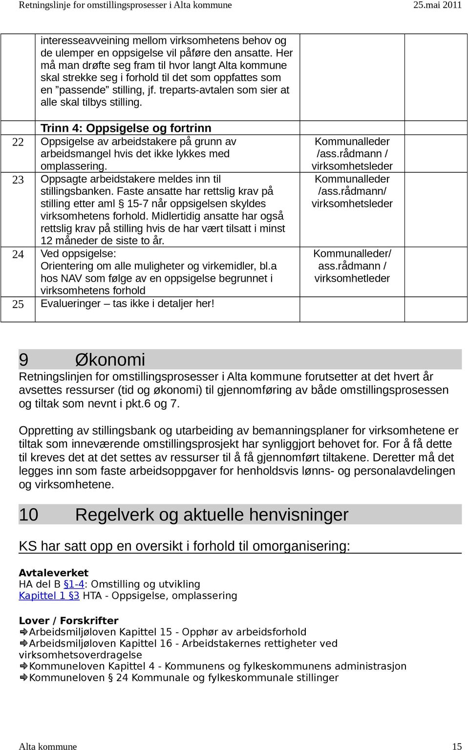 Trinn 4: Oppsigelse og fortrinn 22 Oppsigelse av arbeidstakere på grunn av arbeidsmangel hvis det ikke lykkes med omplassering. 23 Oppsagte arbeidstakere meldes inn til stillingsbanken.