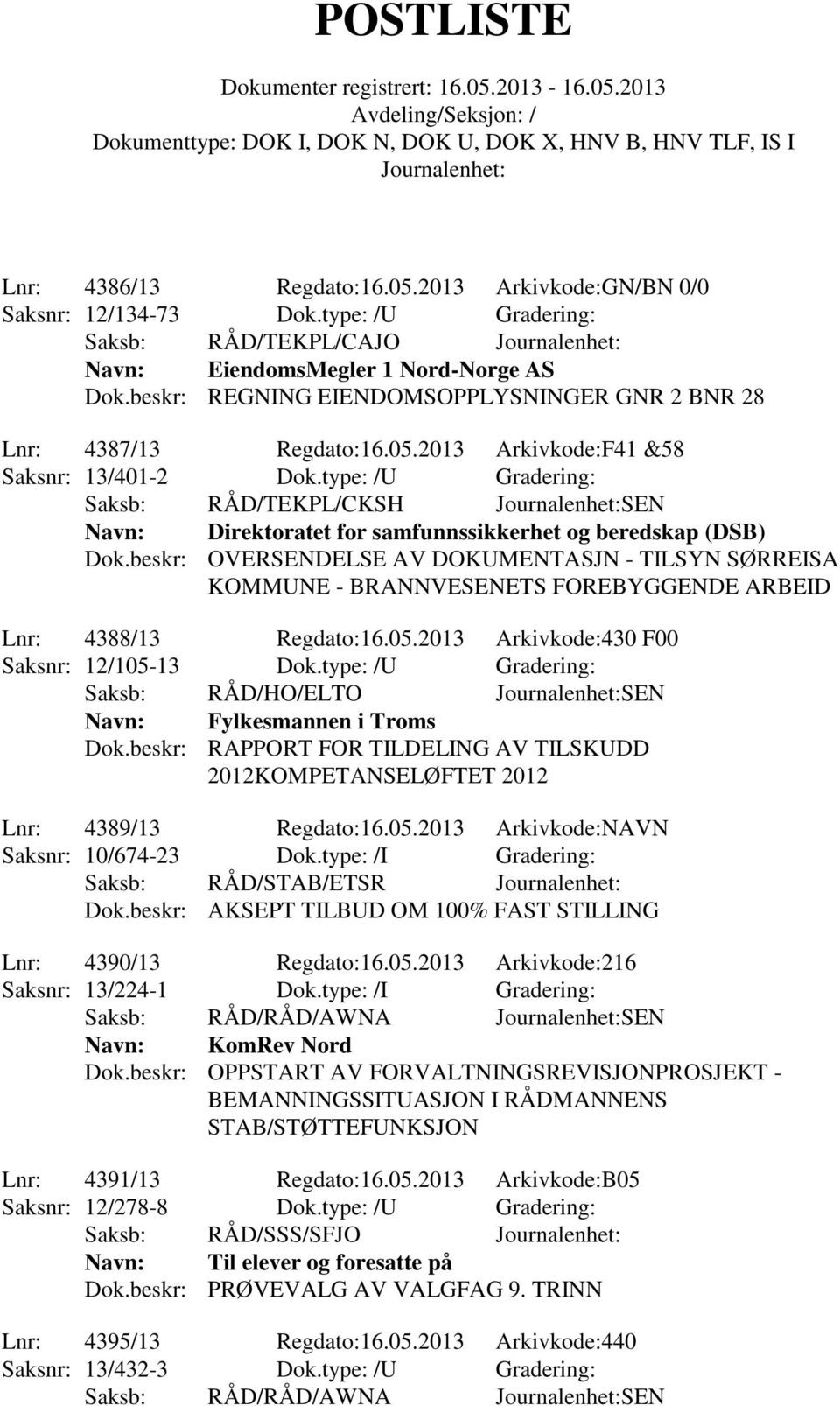 type: /U Gradering: Saksb: RÅD/TEKPL/CKSH SEN Navn: Direktoratet for samfunnssikkerhet og beredskap (DSB) Dok.