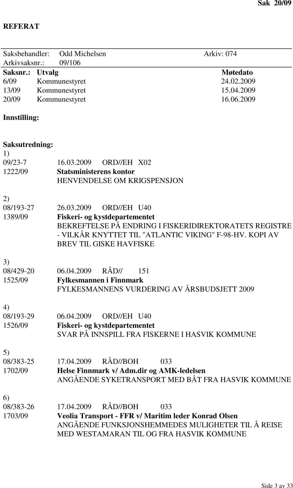 KOPI AV BREV TIL GISKE HAVFISKE 3) 08/429-20 06.04.2009 RÅD// 151 1525/09 Fylkesmannen i Finnmark FYLKESMANNENS VURDERING AV ÅRSBUDSJETT 2009 4) 08/193-29 06.04.2009 ORD//EH U40 1526/09 Fiskeri- og kystdepartementet SVAR PÅ INNSPILL FRA FISKERNE I HASVIK KOMMUNE 5) 08/383-25 17.