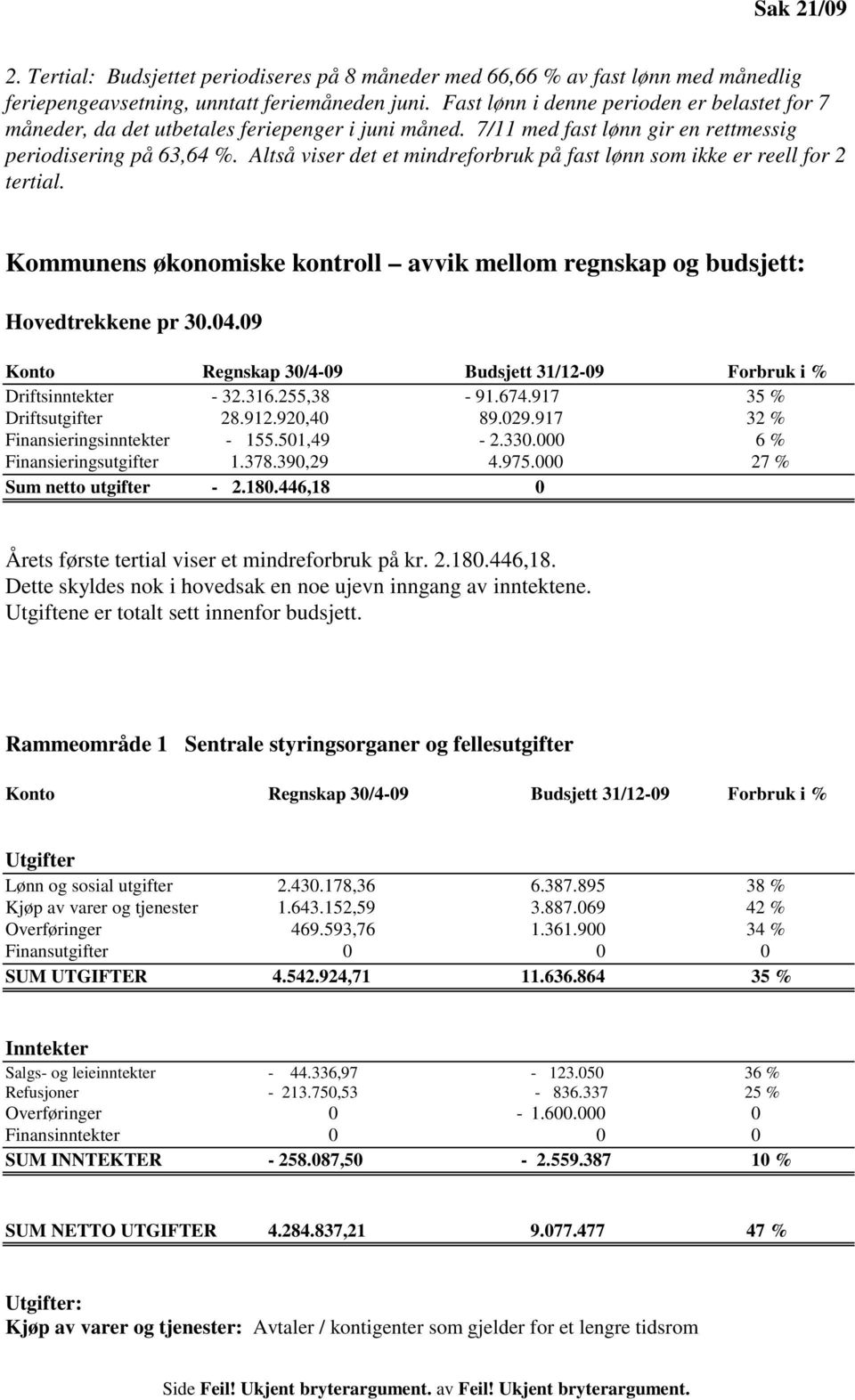 Altså viser det et mindreforbruk på fast lønn som ikke er reell for 2 tertial. Kommunens økonomiske kontroll avvik mellom regnskap og budsjett: Hovedtrekkene pr 30.04.