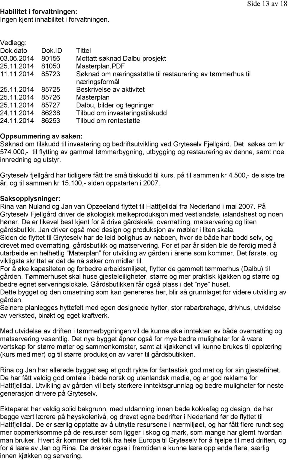 11.2014 86238 Tilbud om investeringstilskudd 24.11.2014 86253 Tilbud om rentestøtte Oppsummering av saken: Søknad om tilskudd til investering og bedriftsutvikling ved Gryteselv Fjellgård.