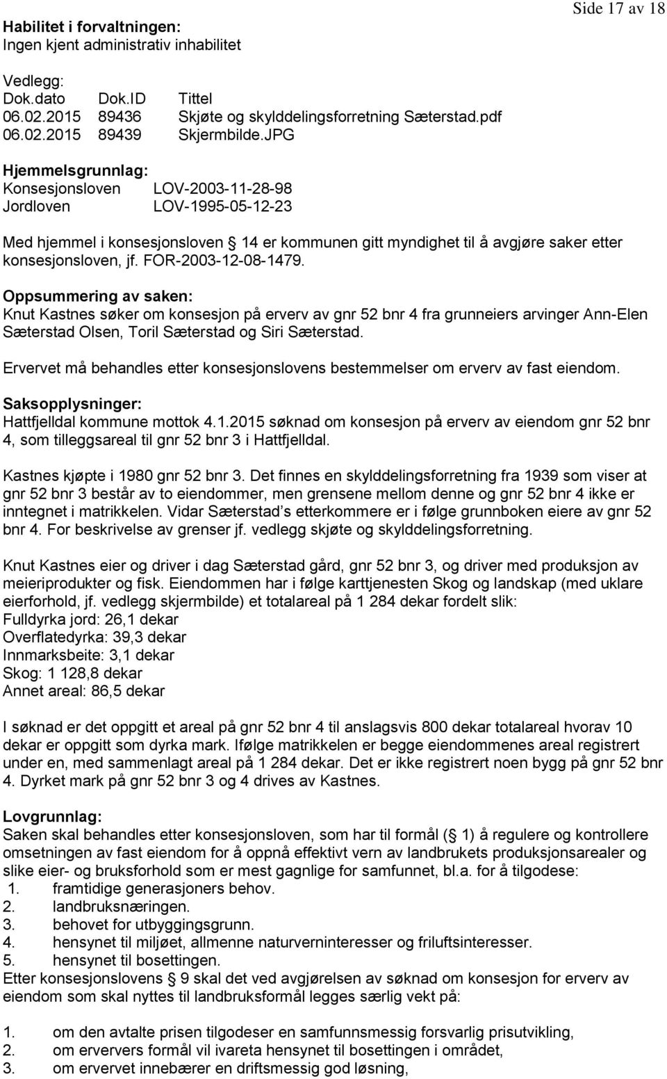 FOR-2003-12-08-1479. Oppsummering av saken: Knut Kastnes søker om konsesjon på erverv av gnr 52 bnr 4 fra grunneiers arvinger Ann-Elen Sæterstad Olsen, Toril Sæterstad og Siri Sæterstad.