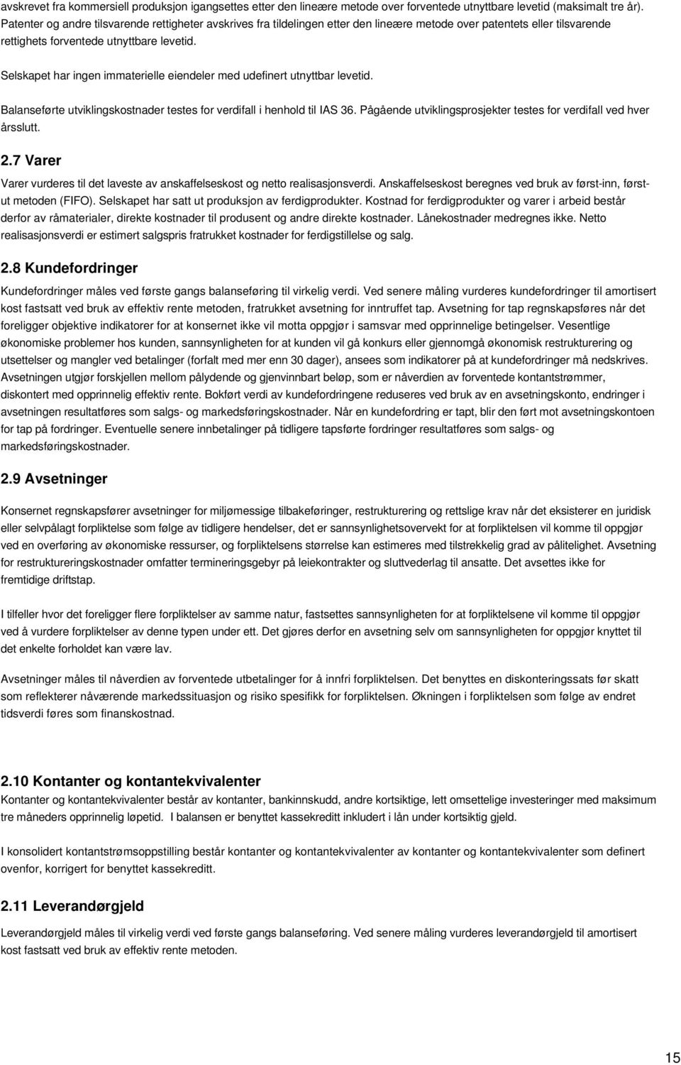 Selskapet har ingen immaterielle eiendeler med udefinert utnyttbar levetid. Balanseførte utviklingskostnader testes for verdifall i henhold til IAS 36.