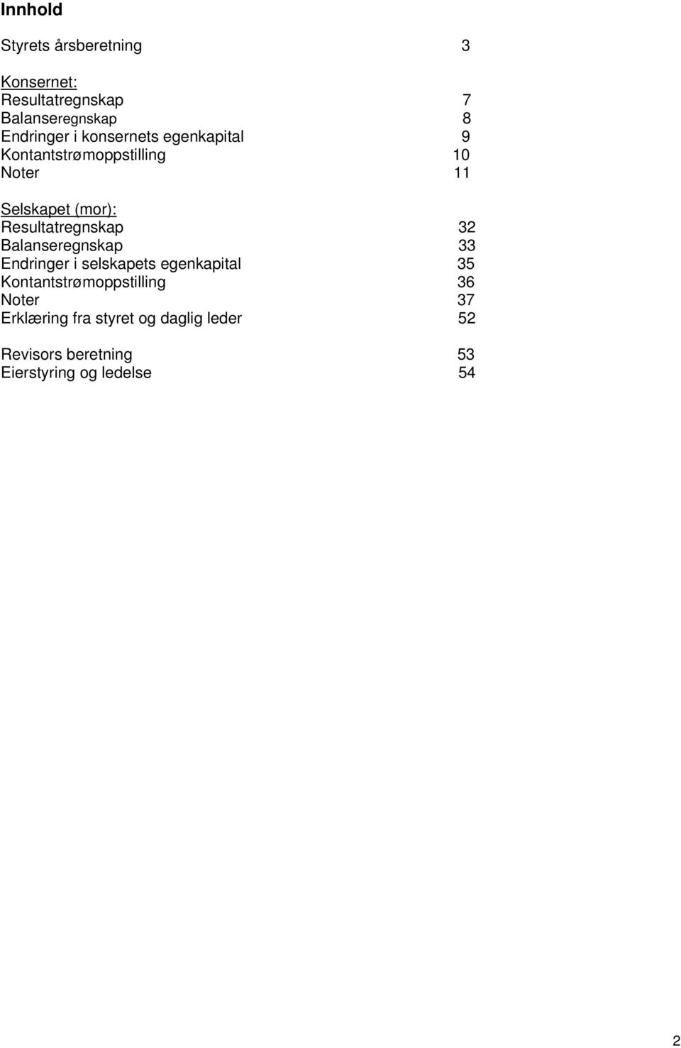 Resultatregnskap 32 Balanseregnskap 33 Endringer i selskapets egenkapital 35