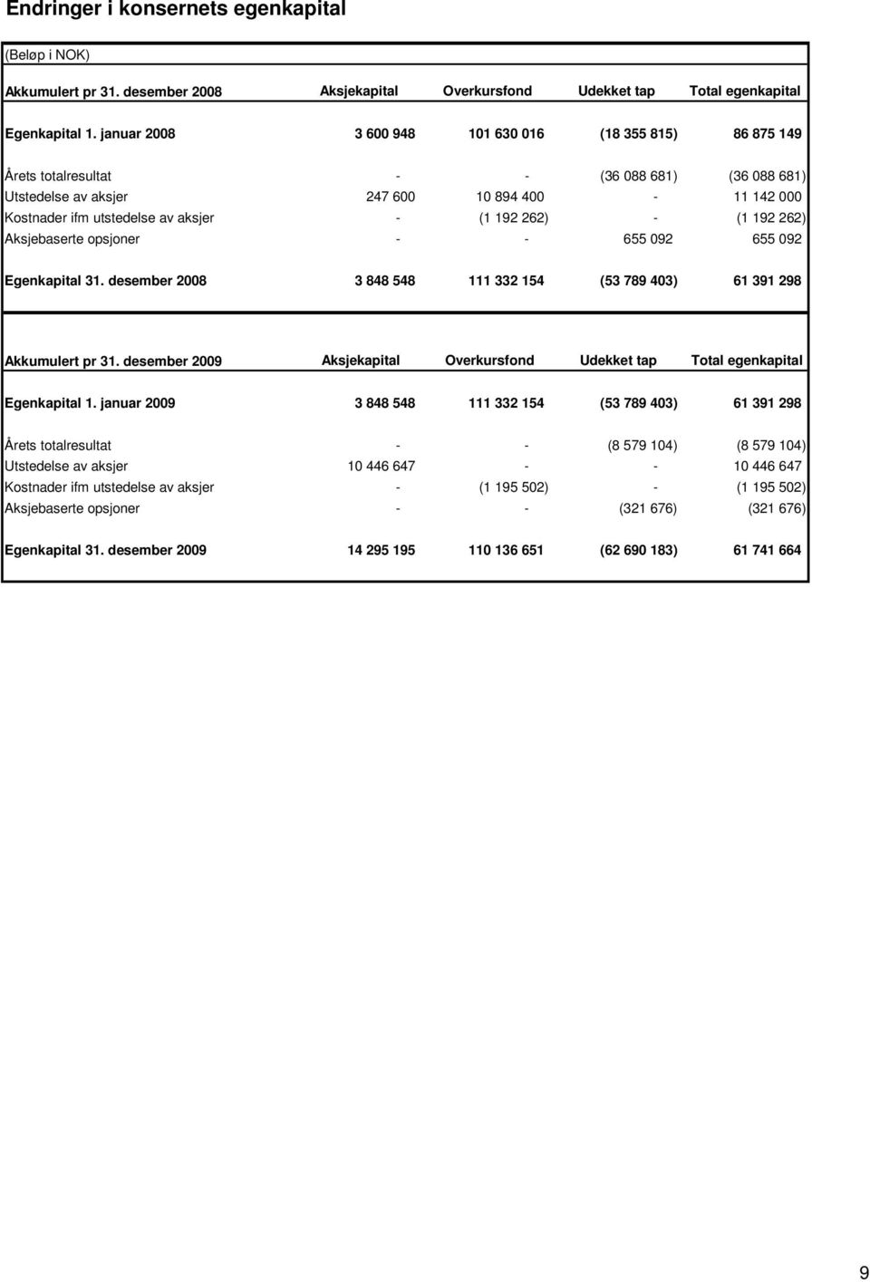 192 262) - (1 192 262) Aksjebaserte opsjoner - - 655 092 655 092 Egenkapital 31. desember 2008 3 848 548 111 332 154 (53 789 403) 61 391 298 Akkumulert pr 31.