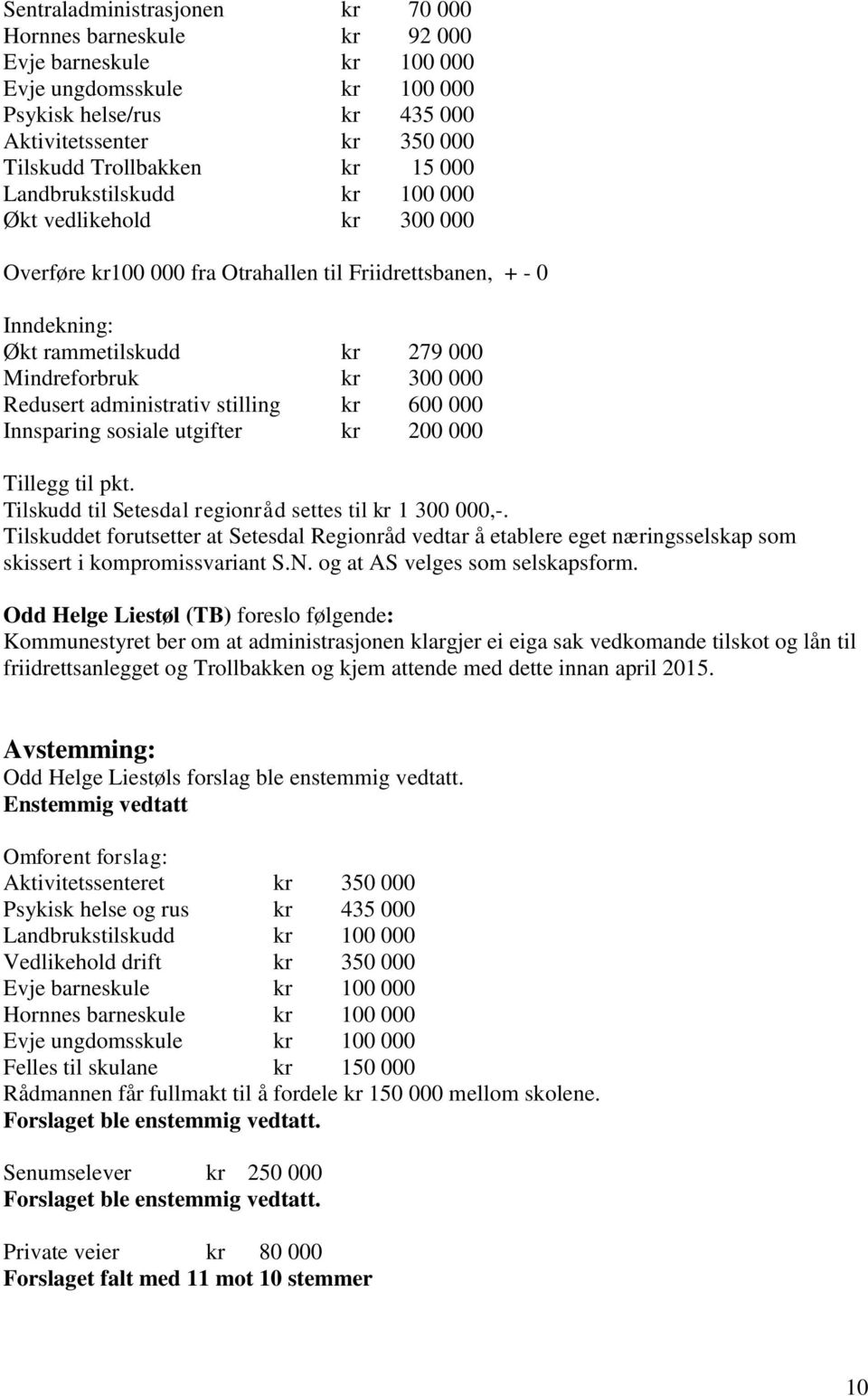 administrativ stilling kr 600 000 Innsparing sosiale utgifter kr 200 000 Tillegg til pkt. Tilskudd til Setesdal regionråd settes til kr 1 300 000,-.