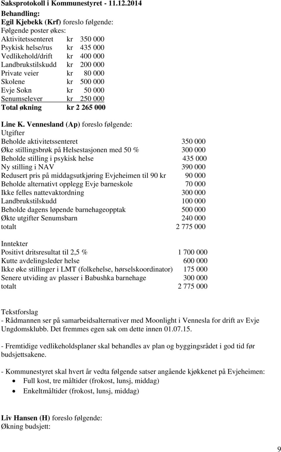 Private veier kr 80 000 Skolene kr 500 000 Evje Sokn kr 50 000 Senumselever kr 250 000 Total økning kr 2 265 000 Line K.