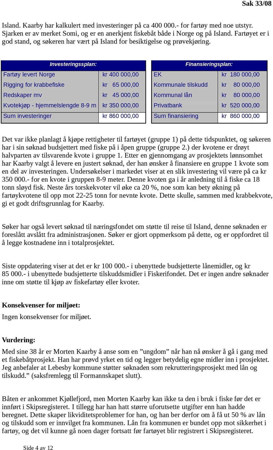 Investeringssplan: Finansieringsplan: Fartøy levert Norge kr 400 000,00 EK kr 180 000,00 Rigging for krabbefiske kr 65 000,00 Kommunale tilskudd kr 80 000,00 Redskaper mv kr 45 000,00 Kommunal lån kr