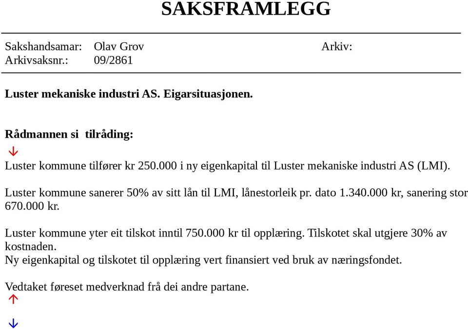 Luster kommune sanerer 50% av sitt lån til LMI, lånestorleik pr. dato 1.340.000 kr, sanering stor 670.000 kr. Luster kommune yter eit tilskot inntil 750.