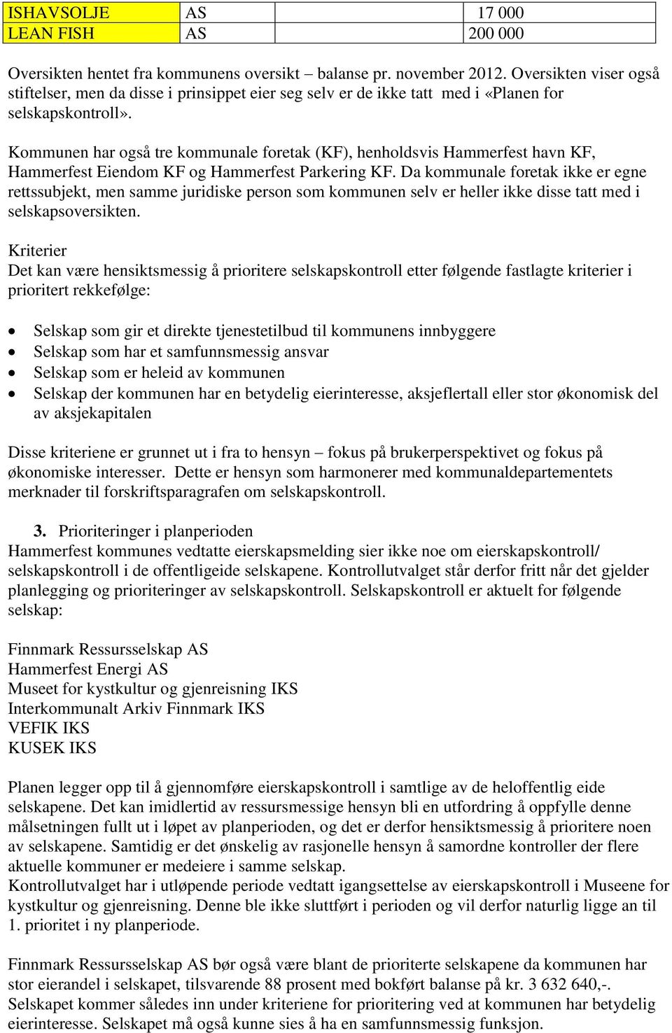 Kommunen har også tre kommunale foretak (KF), henholdsvis Hammerfest havn KF, Hammerfest Eiendom KF og Hammerfest Parkering KF.