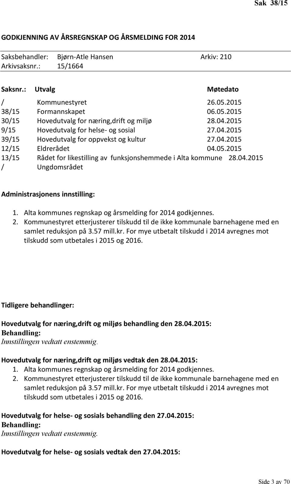 05.2015 13/15 Rådet for likestilling av funksjonshemmede i Alta kommune 28.04.2015 / Ungdomsrådet Administrasjonens innstilling: 1. Alta kommunes regnskap og årsmelding for 2014 godkjennes. 2. Kommunestyret etterjusterer tilskudd til de ikke kommunale barnehagene med en samlet reduksjon på 3.