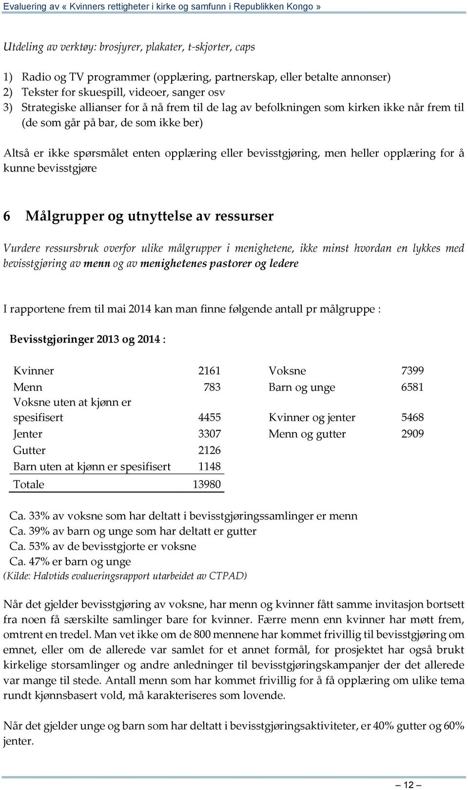 opplæring for å kunne bevisstgjøre 6 Målgrupper og utnyttelse av ressurser Vurdere ressursbruk overfor ulike målgrupper i menighetene, ikke minst hvordan en lykkes med bevisstgjøring av menn og av