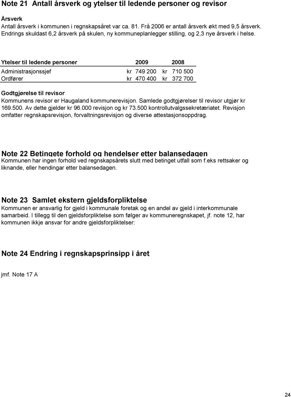 Ytelser til ledende personer 2009 2008 Administrasjonssjef kr 749 200 kr 710 500 Ordfører kr 470 400 kr 372 700 Godtgjørelse til revisor Kommunens revisor er Haugaland kommunerevisjon.