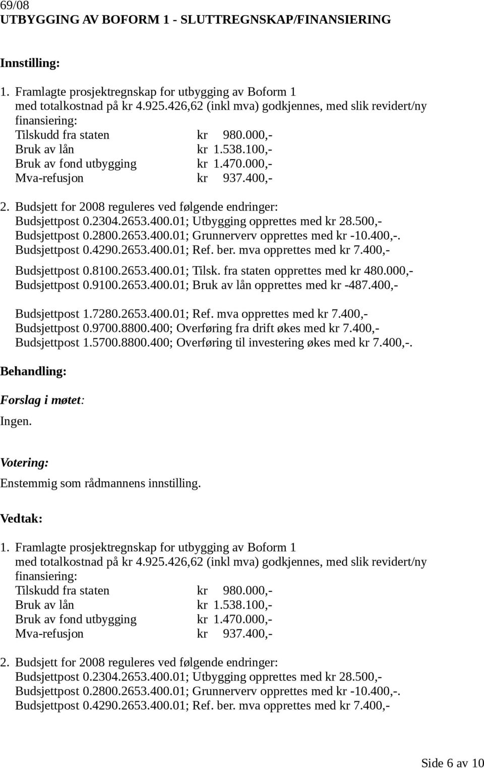 Budsjett for 2008 reguleres ved følgende endringer: Budsjettpost 0.2304.2653.400.01; Utbygging opprettes med kr 28.500,- Budsjettpost 0.2800.2653.400.01; Grunnerverv opprettes med kr -10.400,-.