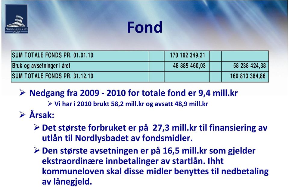 kr Årsak: Det største forbruket er på 27,3 mill.kr til finansiering av utlån til Nordlysbadet av fondsmidler.