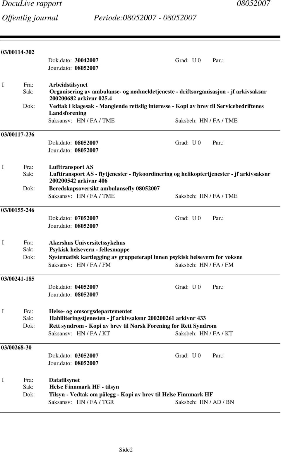 flytjenester - flykoordinering og helikoptertjenester - jf arkivsaksnr 200200542 arkivnr 406 Beredskapsoversikt ambulansefly 08052007 Saksansv: HN / FA / TME Saksbeh: HN / FA / TME 03/00155-246