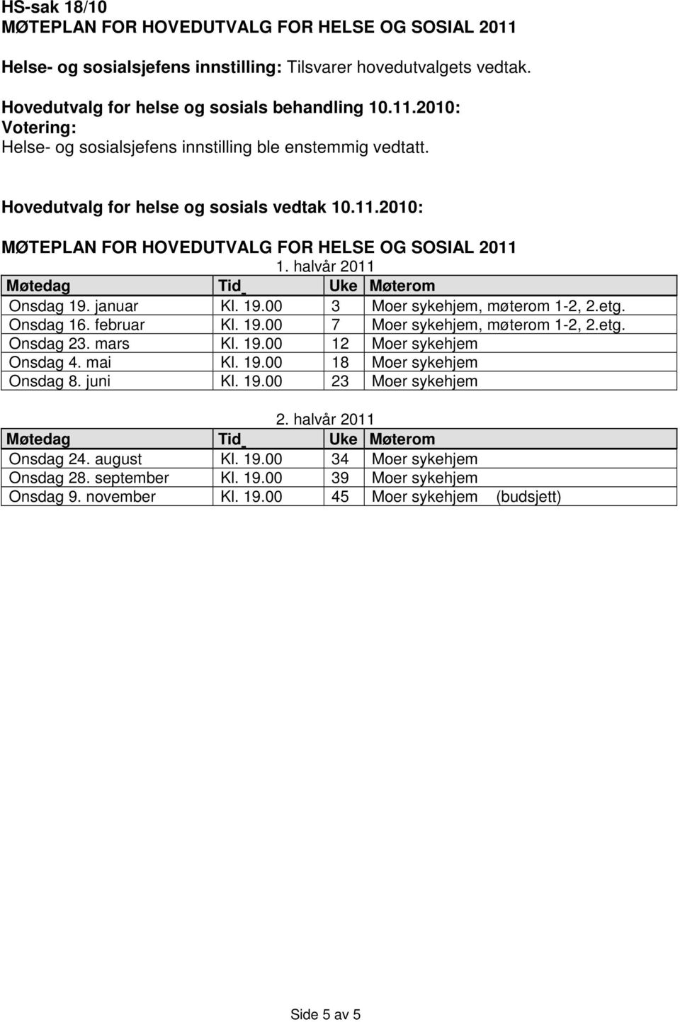 mai Kl. 19.00 18 Moer sykehjem Onsdag 8. juni Kl. 19.00 23 Moer sykehjem 2. halvår 2011 Møtedag Tid Uke Møterom Onsdag 24. august Kl. 19.00 34 Moer sykehjem Onsdag 28.