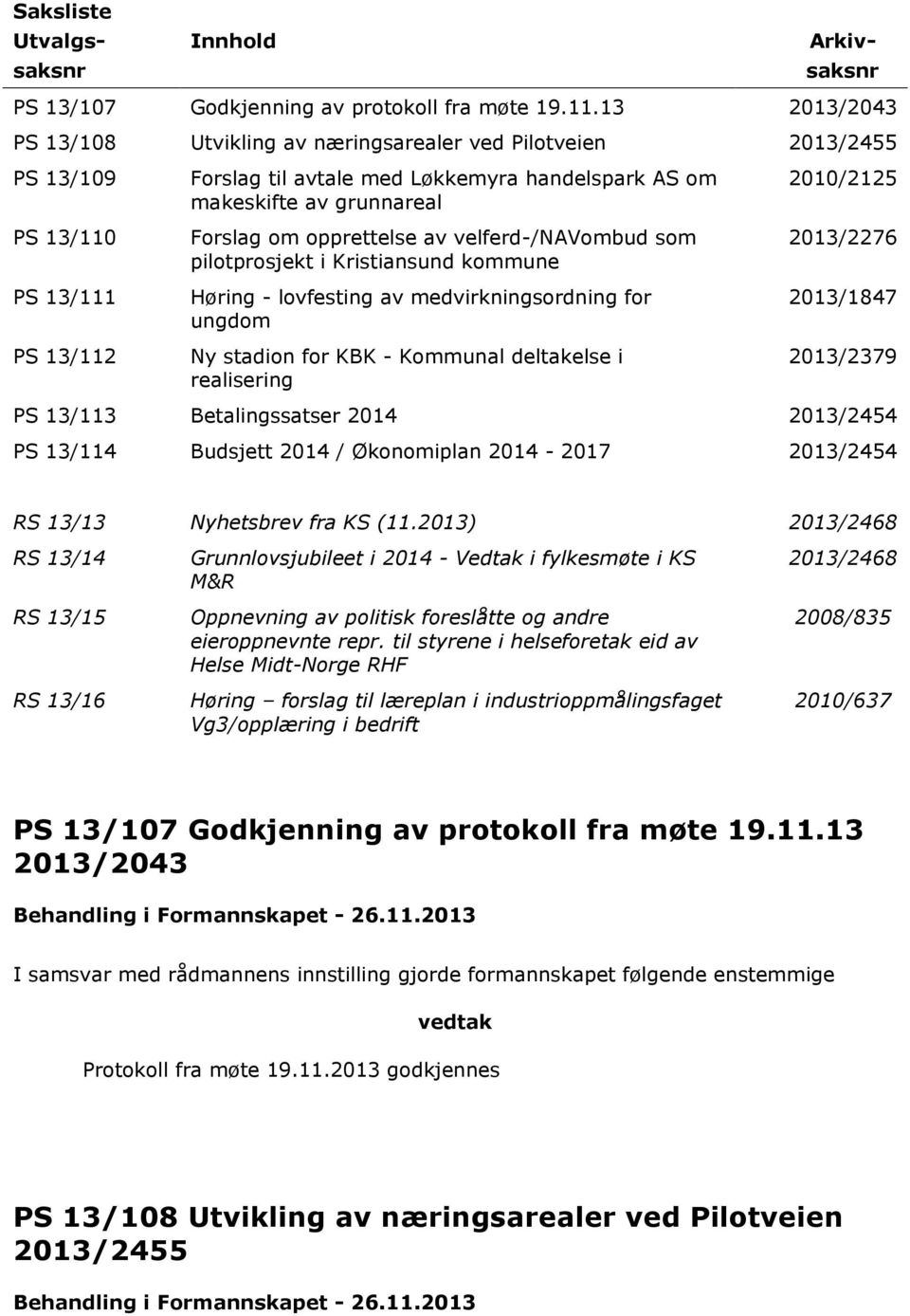 om opprettelse av velferd-/navombud som pilotprosjekt i Kristiansund kommune Høring - lovfesting av medvirkningsordning for ungdom Ny stadion for KBK - Kommunal deltakelse i realisering 2010/2125