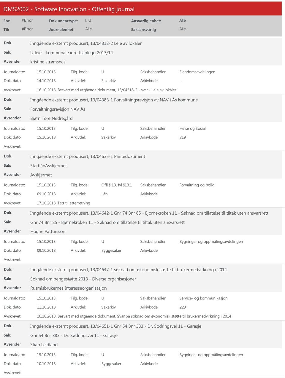 2013, Besvart med utgående dokument, 13/04318-2 - svar - Leie av lokaler Inngående eksternt produsert, 13/04383-1 Forvaltningsrevisjon av NAV i Ås kommune Forvaltningsrevisjon NAV Ås Bjørn Tore