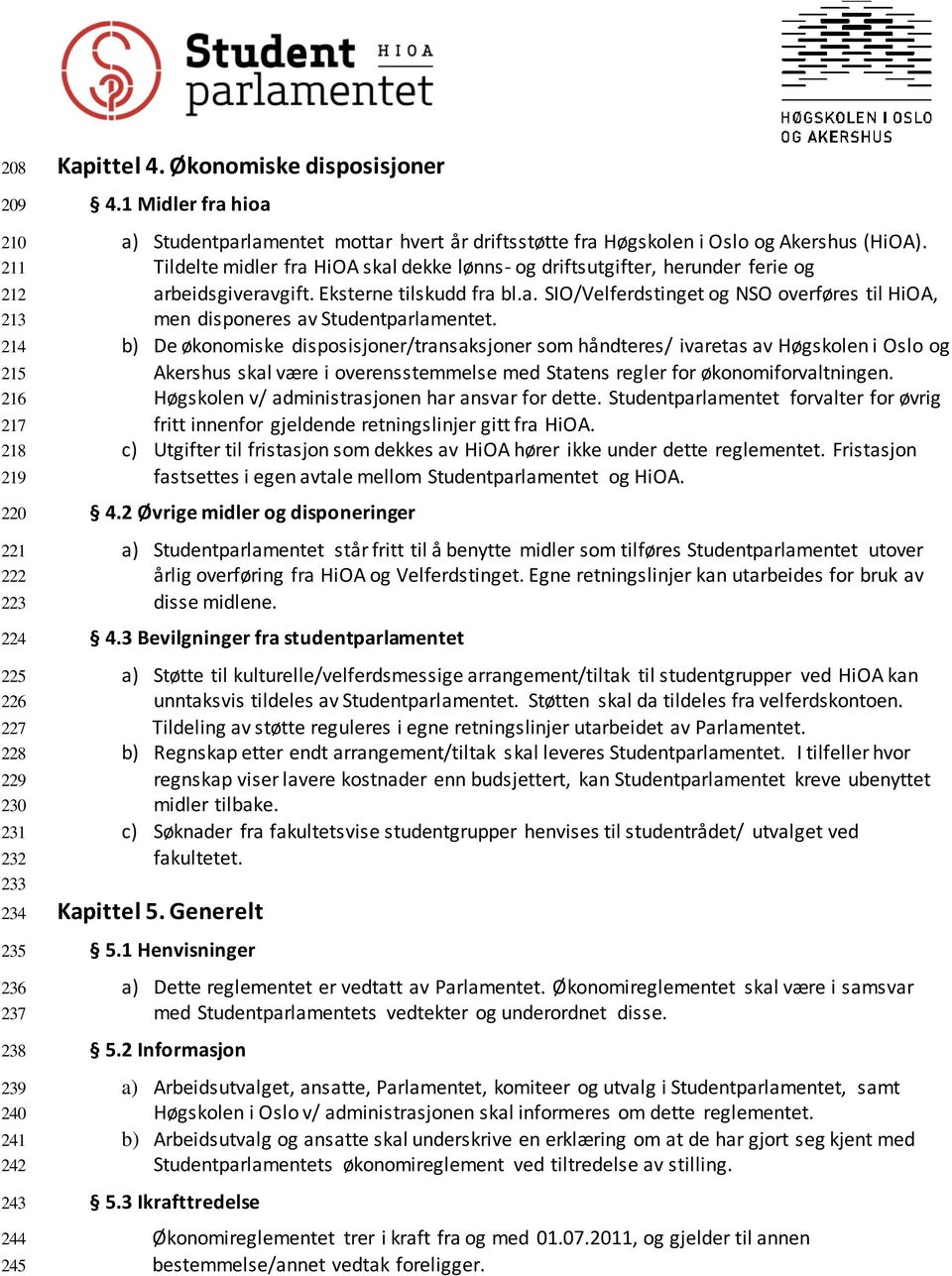 Tildelte midler fra HiOA skal dekke lønns- og driftsutgifter, herunder ferie og arbeidsgiveravgift. Eksterne tilskudd fra bl.a. SIO/Velferdstinget og NSO overføres til HiOA, men disponeres av Studentparlamentet.