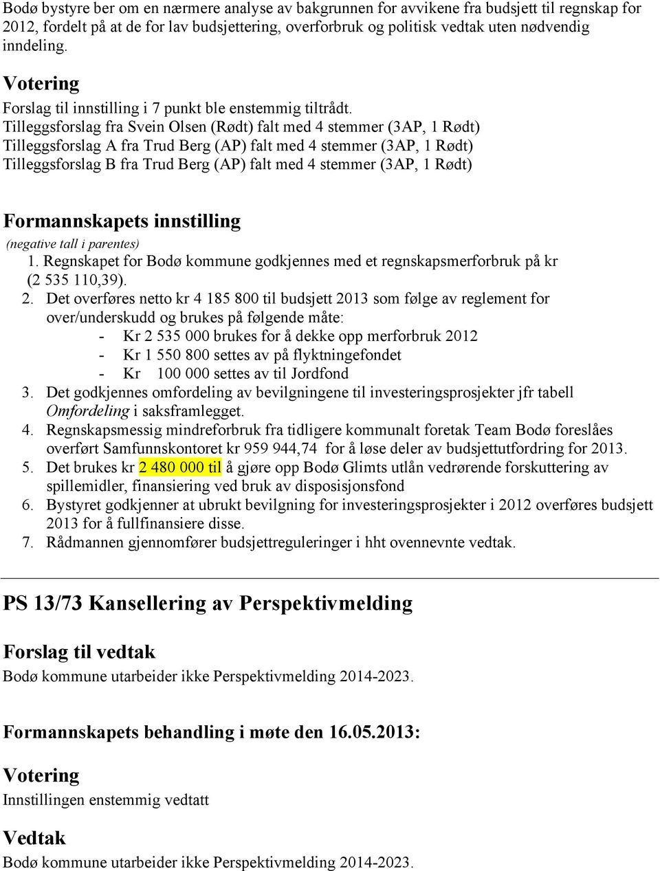 Tilleggsforslag fra Svein Olsen (Rødt) falt med 4 stemmer (3AP, 1 Rødt) Tilleggsforslag A fra Trud Berg (AP) falt med 4 stemmer (3AP, 1 Rødt) Tilleggsforslag B fra Trud Berg (AP) falt med 4 stemmer