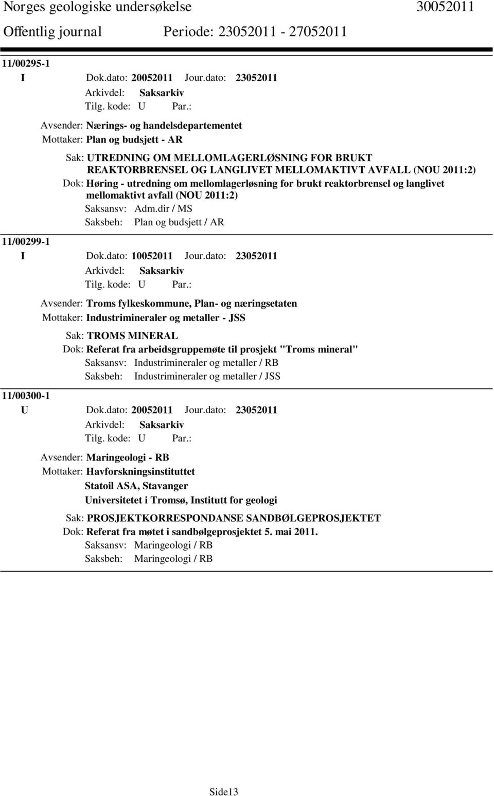 Dok: Høring - utredning om mellomlagerløsning for brukt reaktorbrensel og langlivet mellomaktivt avfall (NOU 2011:2) Saksansv: Adm.dir / MS Saksbeh: Plan og budsjett / AR 11/00299-1 I Dok.