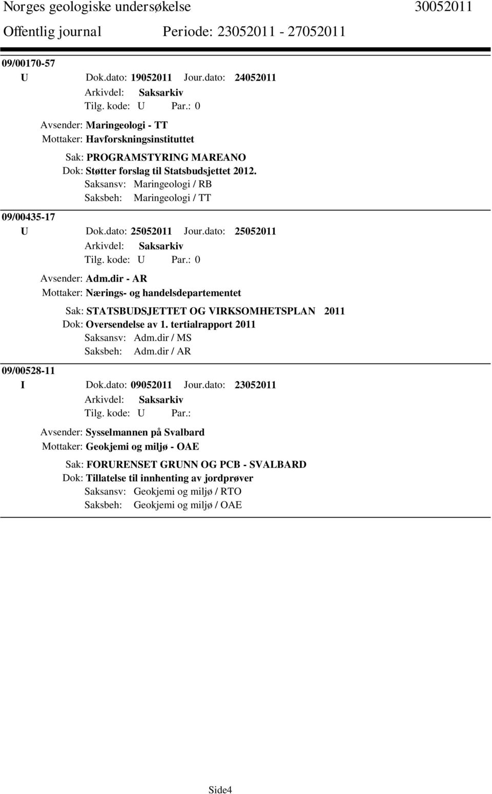 Saksbeh: Maringeologi / TT 09/00435-17 U Dok.dato: 25052011 Jour.dato: 25052011 Avsender: Adm.