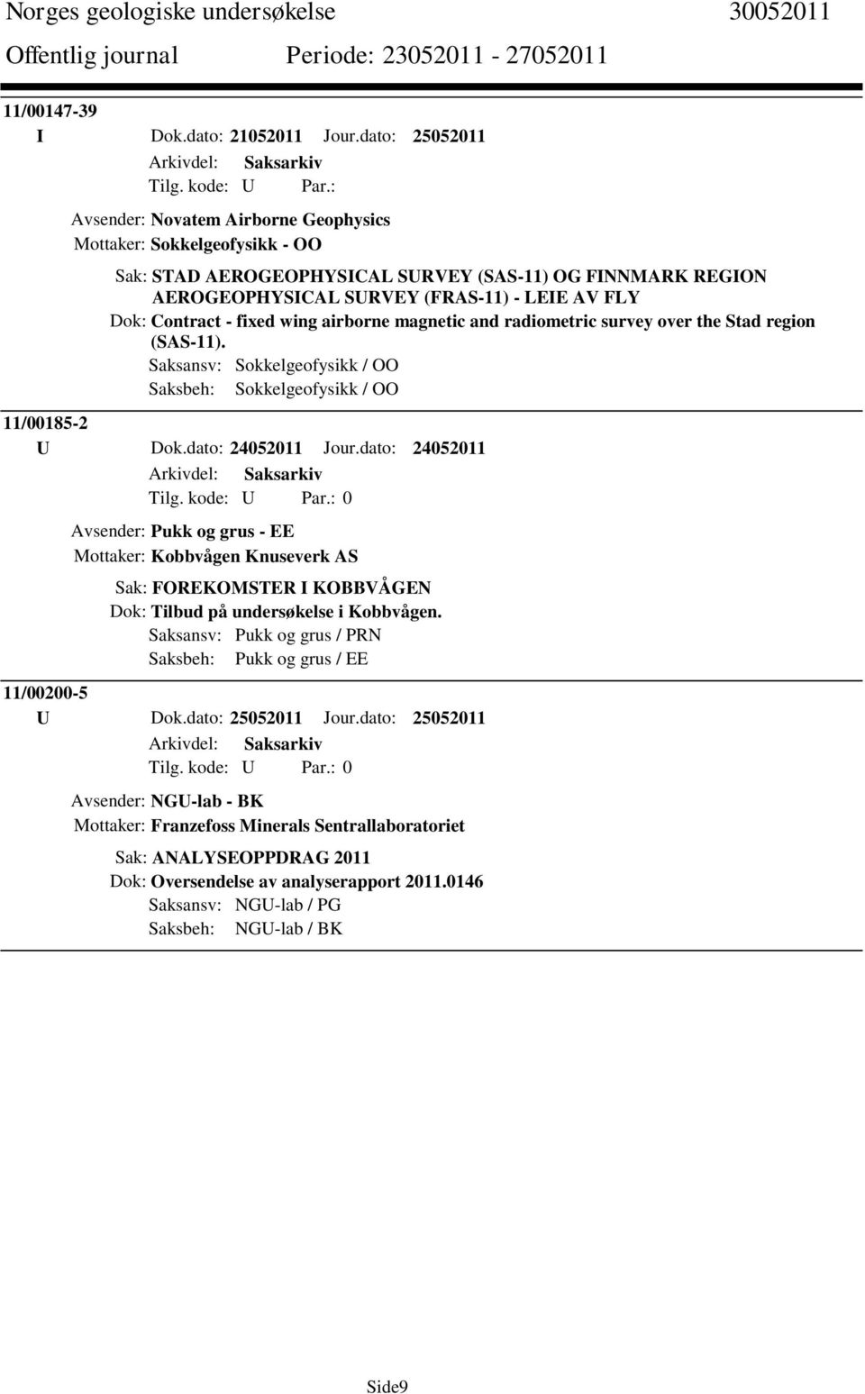 Contract - fixed wing airborne magnetic and radiometric survey over the Stad region (SAS-11). Saksansv: Sokkelgeofysikk / OO Saksbeh: Sokkelgeofysikk / OO 11/00185-2 U Dok.dato: 24052011 Jour.