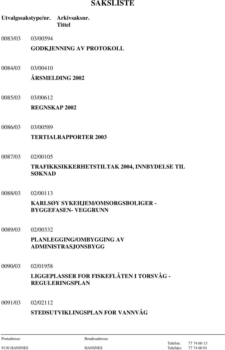 TERTIALRAPPORTER 2003 0087/03 02/00105 TRAFIKKSIKKERHETSTILTAK 2004, INNBYDELSE TIL SØKNAD 0088/03 02/00113 KARLSØY