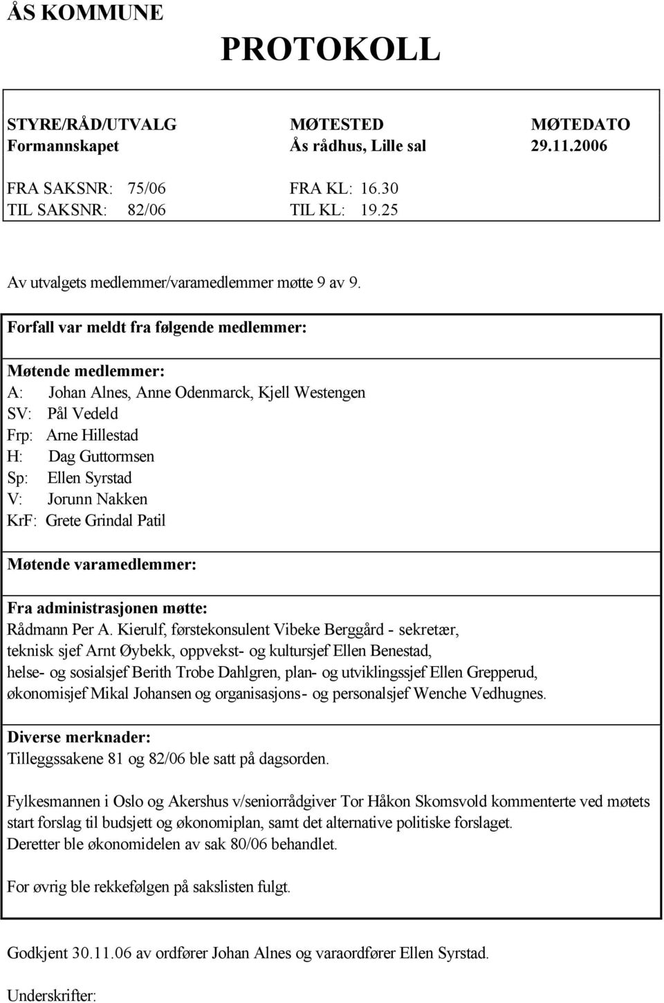 Forfall var meldt fra følgende medlemmer: Møtende medlemmer: A: Johan Alnes, Anne Odenmarck, Kjell Westengen SV: Pål Vedeld Frp: Arne Hillestad H: Dag Guttormsen Sp: Ellen Syrstad V: Jorunn Nakken