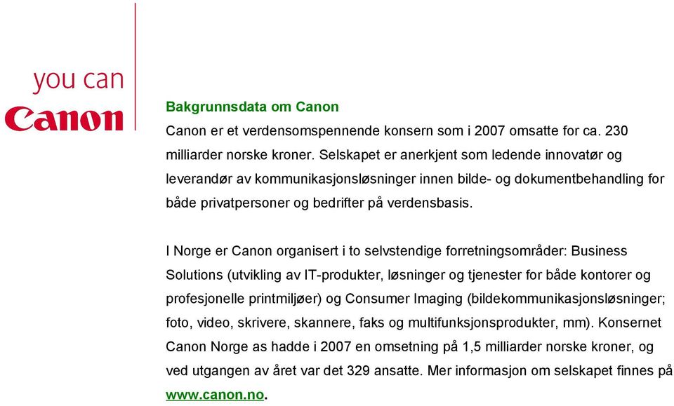 I Norge er Canon organisert i to selvstendige forretningsområder: Business Solutions (utvikling av IT-produkter, løsninger og tjenester for både kontorer og profesjonelle printmiljøer) og