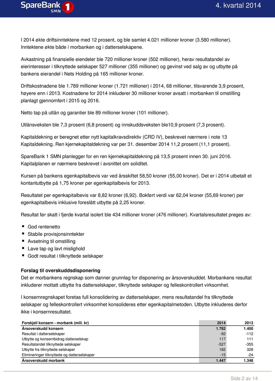 utbytte på bankens eierandel i Nets Holding på 165 millioner kroner. Driftskostnadene ble 1.789 millioner kroner (1.721 millioner) i 2014, 68 millioner, tilsvarende 3,9 prosent, høyere enn i 2013.