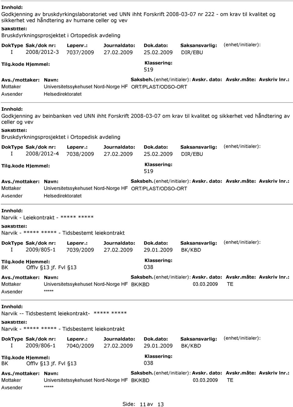 celler og vev Bruskdyrkningsprosjektet i Ortopedisk avdeling 2008/2012-4 7038/2009 DR/EB 519 Mottaker ORT/PLAST/ODSO-ORT Helsedirektoratet Narvik - Leiekontrakt - ***** ***** Narvik - ***** ***** -