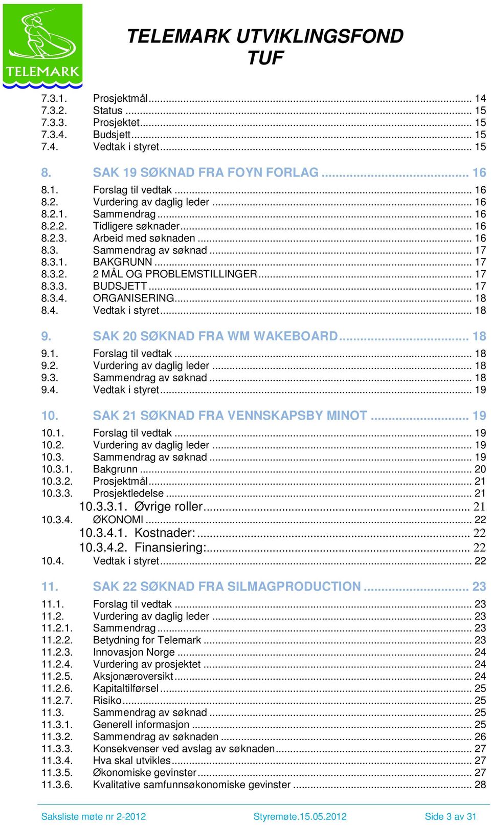 .. 17 8.3.4. ORGANISERING... 18 8.4. Vedtak i styret... 18 9. SAK 20 SØKNAD FRA WM WAKEBOARD... 18 9.1. Forslag til vedtak... 18 9.2. Vurdering av daglig leder... 18 9.3. Sammendrag av søknad... 18 9.4. Vedtak i styret... 19 10.