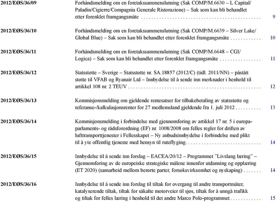 6639 Silver Lake/ Global Blue) Sak som kan bli behandlet etter forenklet framgangsmåte... 10 Forhåndsmelding om en foretaks sammenslutning (Sak COMP/M.