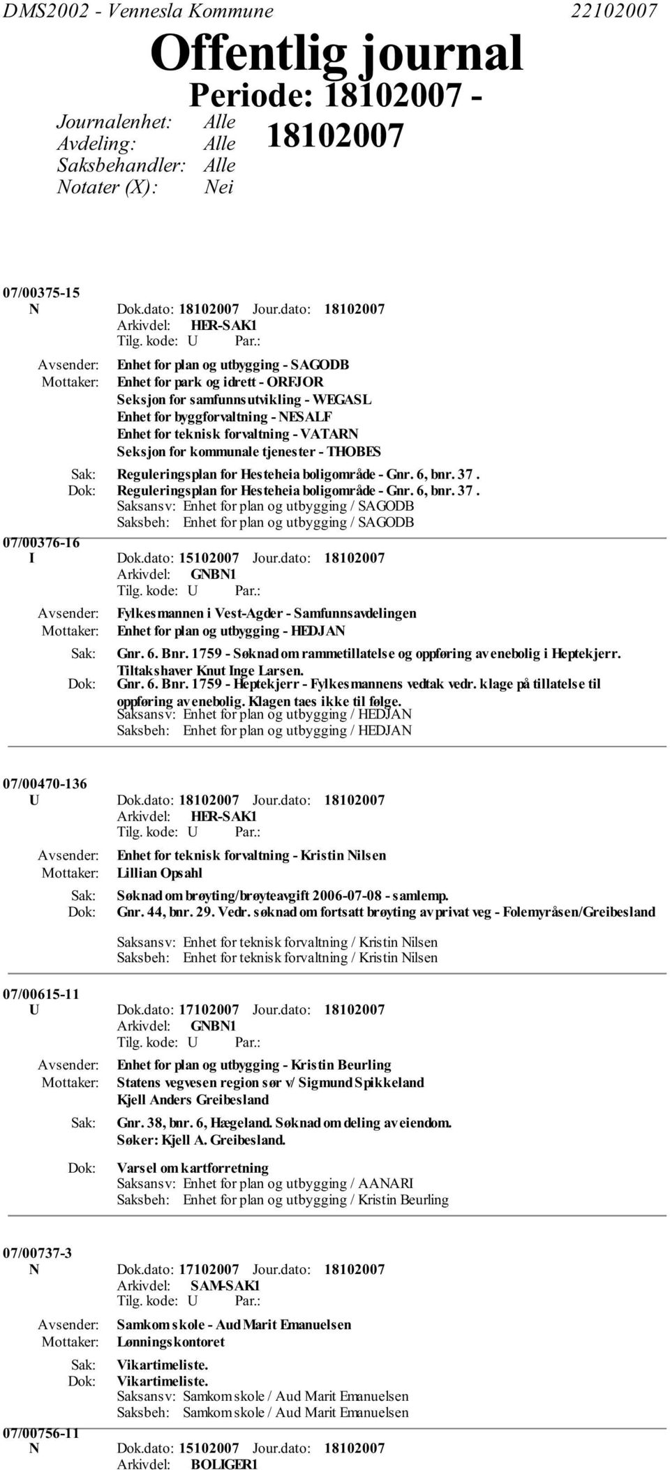 for kommunale tjenester - THOBES Reguleringsplan for Hesteheia boligområde - Gnr. 6, bnr. 37.