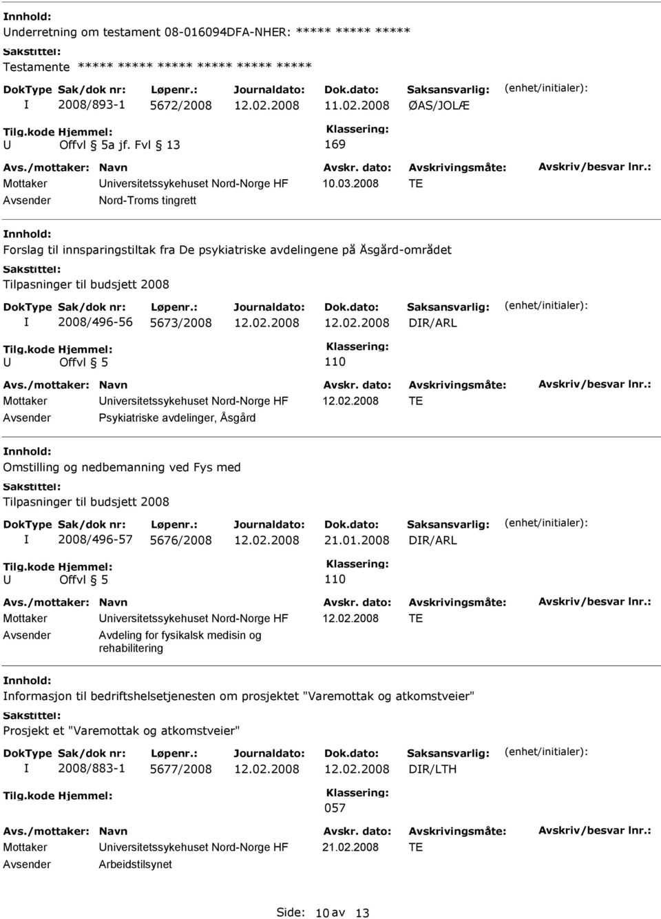 2008 TE Nord-Troms tingrett nnhold: Forslag til innsparingstiltak fra De psykiatriske avdelingene på Åsgård-området 2008/496-56 5673/2008 DR/ARL Mottaker niversitetssykehuset Nord-Norge HF TE