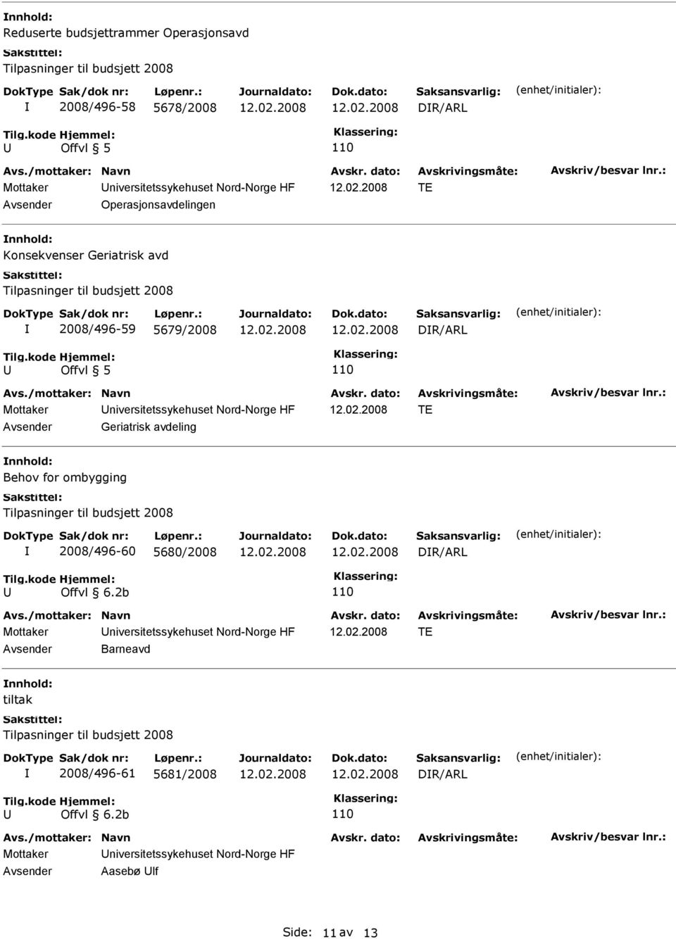 TE Geriatrisk avdeling nnhold: Behov for ombygging 2008/496-60 5680/2008 DR/ARL Offvl 6.