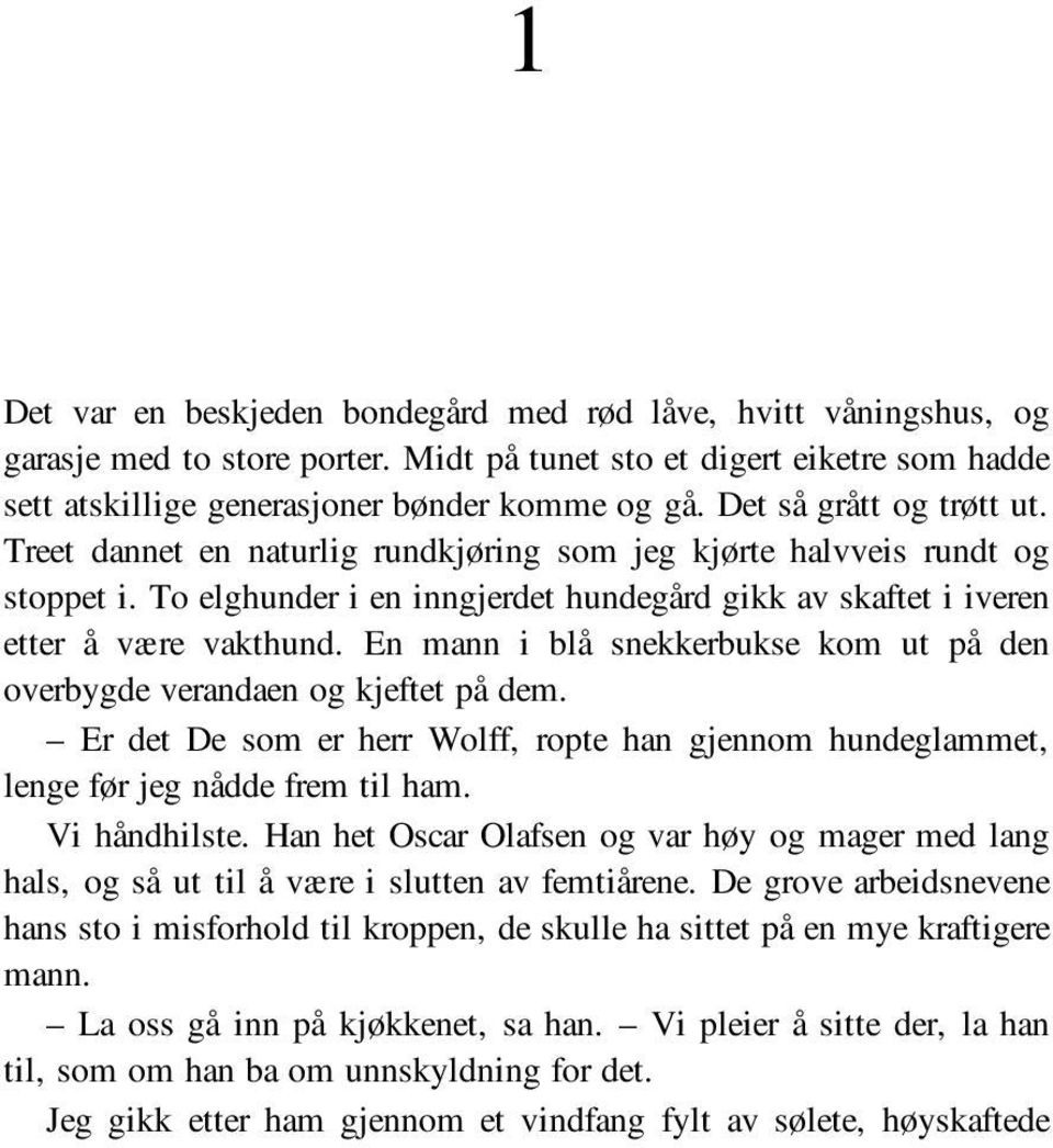 En mann i blå snekkerbukse kom ut på den overbygde verandaen og kjeftet på dem. Er det De som er herr Wolff, ropte han gjennom hundeglammet, lenge før jeg nådde frem til ham. Vi håndhilste.