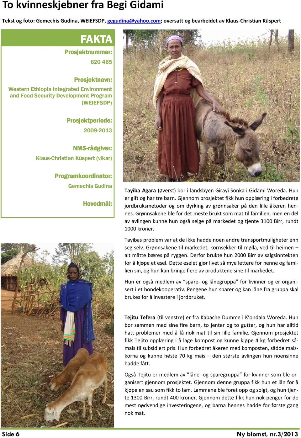 2009-2013 NMS-rådgiver: Klaus-Christian Küspert (vikar) Programkoordinator: Gemechis Gudina Hovedmål: Tayiba Agara (øverst) bor i landsbyen Girayi Sonka i Gidami Woreda. Hun er gift og har tre barn.