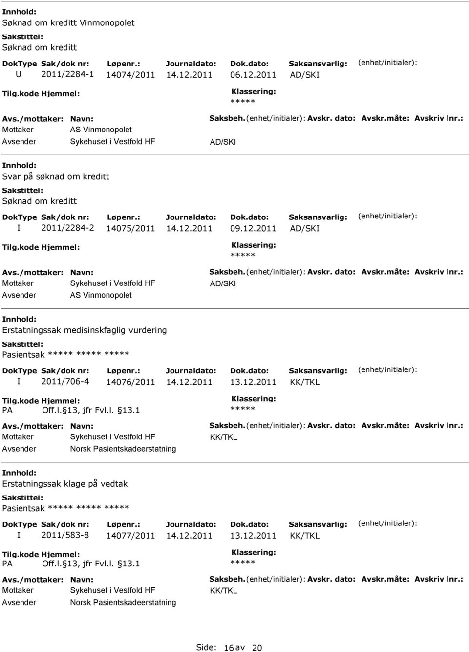 AD/SK AD/SK AS Vinmonopolet Erstatningssak medisinskfaglig vurdering Pasientsak 2011/706-4 14076/2011 13.12.