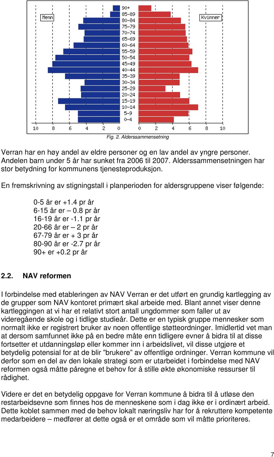 8 pr år 16-19 år er -1.1 pr år 20-66 år er 2 pr år 67-79 år er + 3 pr år 80-90 år er -2.7 pr år 90+ er +0.2 pr år 2.2. NAV reformen I forbindelse med etableringen av NAV Verran er det utført en grundig kartlegging av de grupper som NAV kontoret primært skal arbeide med.