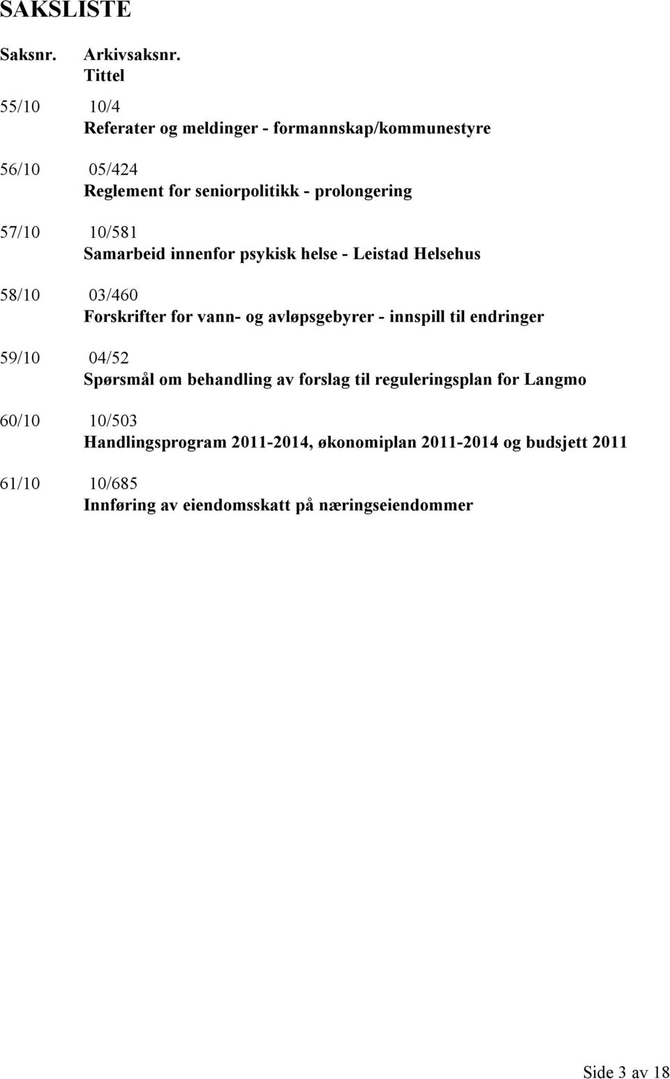 10/581 Samarbeid innenfor psykisk helse - Leistad Helsehus 58/10 03/460 Forskrifter for vann- og avløpsgebyrer - innspill til